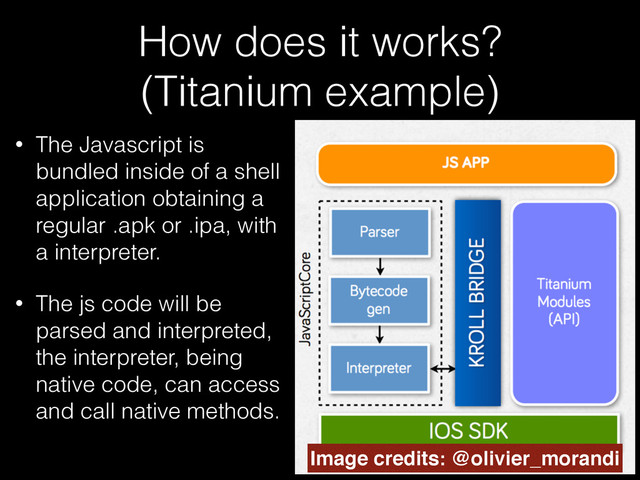 How does it works?
(Titanium example)
• The Javascript is
bundled inside of a shell
application obtaining a
regular .apk or .ipa, with
a interpreter.
• The js code will be
parsed and interpreted,
the interpreter, being
native code, can access
and call native methods.
Image credits: @olivier_morandi
