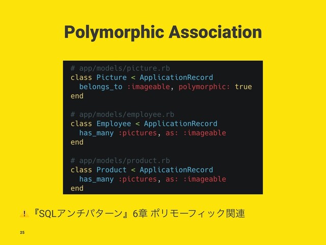 Polymorphic Association
⚠
ʰSQLΞϯνύλʔϯʱ6ষ ϙϦϞʔϑΟοΫؔ࿈
25
