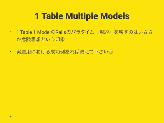 1 Table Multiple Models
• 1 Table 1 ModelͷRailsͷύϥμΠϜʢن໿ʣΛյ͢ͷ͸͍͞͞
͔ةݥࢥ૝ͱ͍͏ҹ৅
• ࣮ӡ༻ʹ͓͚Δ੒ޭྫ͋Ε͹ڭ͑ͯԼ͍͞
63
