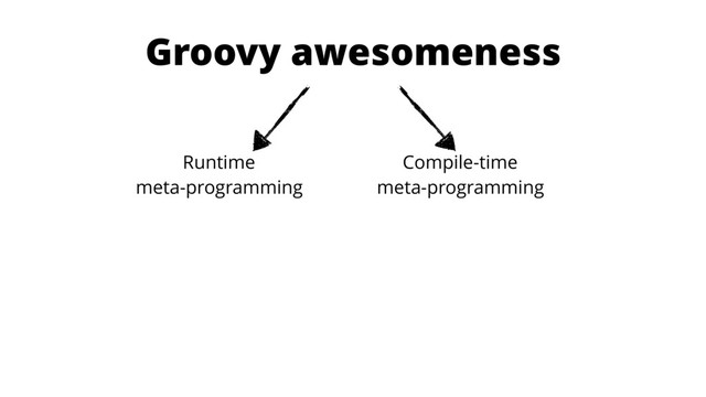 Groovy awesomeness
Runtime 
meta-programming
Compile-time 
meta-programming
