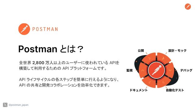 @postman_japan
Postman とは？
全世界 2,800 万人以上のユーザーに使われている APIを
構築して利用するための API プラットフォームです。
API ライフサイクルの各ステップを簡単に行えるようになり、
API の共有と開発コラボレーションを効率化できます。
