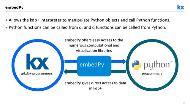 3
• Allows the kdb+ interpreter to manipulate Python objects and call Python functions.
• Python functions can be called from q, and q functions can be called from Python.
embedPy
programmers
q/kdb+ programmers
embedPy
embedPy gives direct access to data
in kdb+
embedPy offers easy access to the
numerous computational and
visualization libraries
