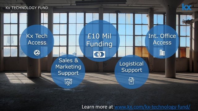 21
Kx TECHNOLOGY FUND
Int. Office
Access
£10 Mil
Funding
Kx Tech
Access
Sales &
Marketing
Support
Logistical
Support
Learn more at www.kx.com/kx-technology-fund/

