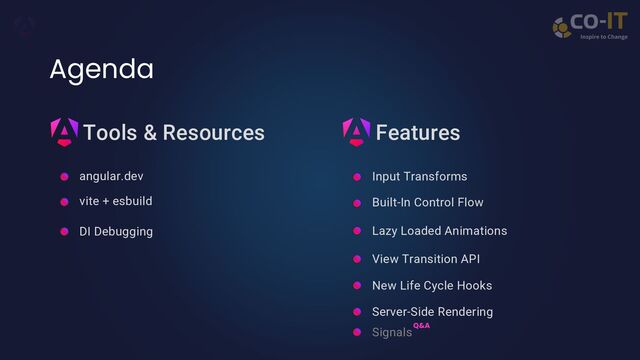 Tools & Resources
Agenda
DI Debugging
vite + esbuild
angular.dev
Features
Lazy Loaded Animations
Built-In Control Flow
Input Transforms
View Transition API
New Life Cycle Hooks
Server-Side Rendering
SignalsQ&A
