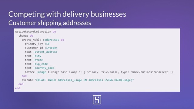 Customer shipping addresses
ActiveRecord.migration do
change do
create_table :addresses do
primary_key :id
customer_id :integer
text :street_address
text :city
text :state
text :zip_code
text :country_code
hstore :usage # Usage hash example: { primary: true/false, type: 'home/business/aparment' }
end
execute "CREATE INDEX addresses_usage ON addresses USING HASH(usage)"
end
end
Competing with delivery businesses
