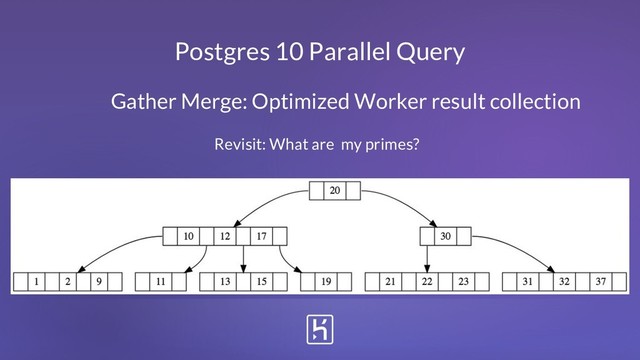 Postgres 10 Parallel Query
Gather Merge: Optimized Worker result collection
Revisit: What are my primes?
