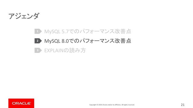 Copyright © 2019, Oracle and/or its affiliates. All rights reserved.
アジェンダ
MySQL 5.7でのパフォーマンス改善点
MySQL 8.0でのパフォーマンス改善点
EXPLAINの読み方
21
1
2
3
