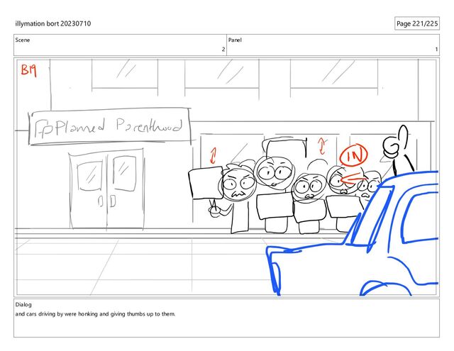 Scene
2
Panel
1
Dialog
and cars driving by were honking and giving thumbs up to them.
illymation bort 20230710 Page 221/225
