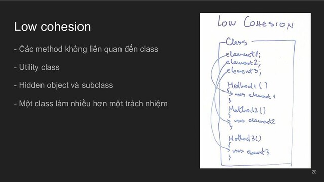 Low cohesion
- Các method không liên quan đến class
- Utility class
- Hidden object và subclass
- Một class làm nhiều hơn một trách nhiệm
20
