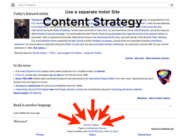http://en.m.wikipedia.org/
Content Strategy
Use a separate mdot Site
