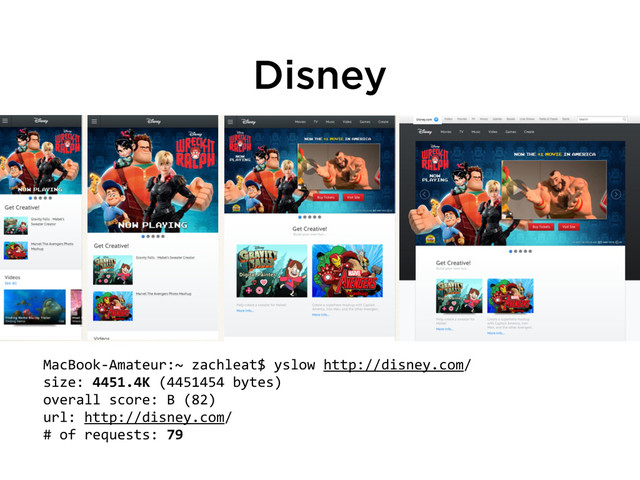 Disney
MacBook-­‐Amateur:~	  zachleat$	  yslow	  http://disney.com/
size:	  4451.4K	  (4451454	  bytes)
overall	  score:	  B	  (82)
url:	  http://disney.com/
#	  of	  requests:	  79
