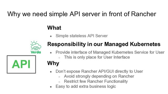 Why we need simple API server in front of Rancher
What
● Simple stateless API Server
Responsibility in our Managed Kubernetes
● Provide interface of Managed Kubernetes Service for User
○ This is only place for User Interface
Why
● Don’t expose Rancher API/GUI directly to User
○ Avoid strongly depending on Rancher
○ Restrict few Rancher Functionality
● Easy to add extra business logic
API
