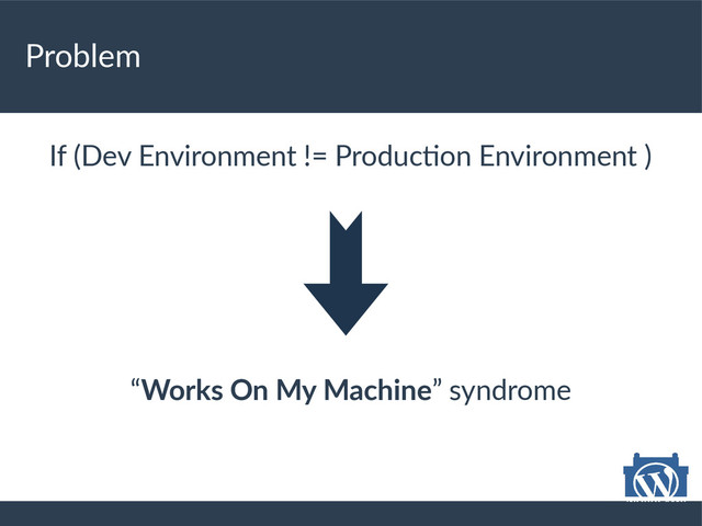 Problem
If (Dev Environment != Production Environment )
“Works On My Machine” syndrome
