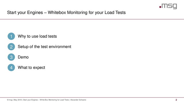 Start your Engines – Whitebox Monitoring for your Load Tests
2
© msg | May 2018 | Start your Engines – White Box Monitoring for Load Tests | Alexander Schwartz
Why to use load tests
1
Setup of the test environment
2
Demo
3
What to expect
4
