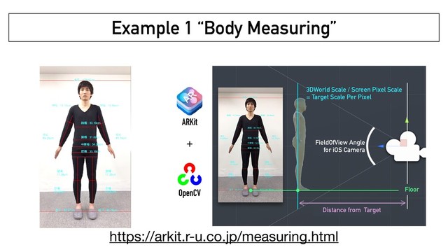 Example 1 “Body Measuring”
ARKit
OpenCV
+
3DWorld Scale / Screen Pixel Scale 
= Target Scale Per Pixel
FieldOfView Angle 
for iOS Camera
Distance from Target
Floor
https://arkit.r-u.co.jp/measuring.html
