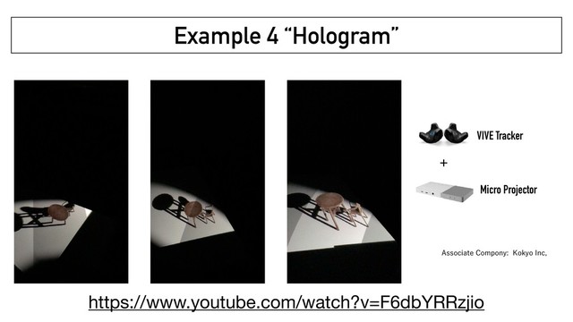 Example 4 “Hologram”
VIVE Tracker
Micro Projector
+
"TTPDJBUF$PNQPOZ,PLZP*OD
https://www.youtube.com/watch?v=F6dbYRRzjio
