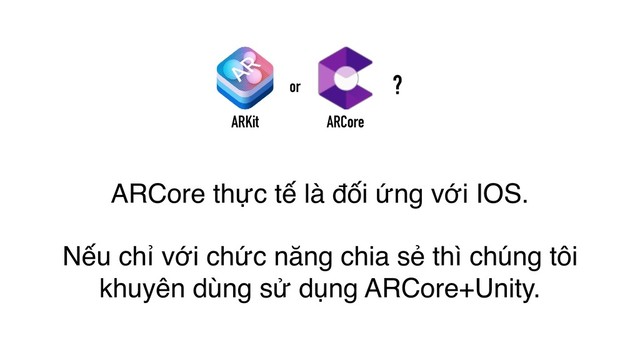 ARCore thực tế là đối ứng với IOS.
Nếu chỉ với chức năng chia sẻ thì chúng tôi
khuyên dùng sử dụng ARCore+Unity.
ARKit ARCore
or ?
