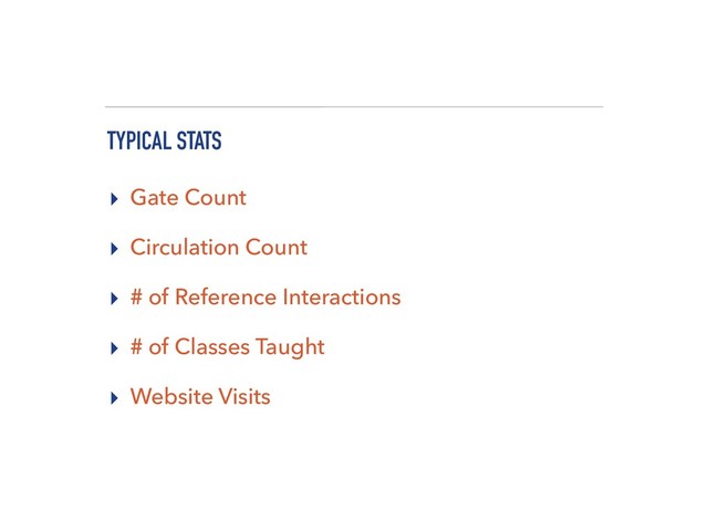 TYPICAL STATS
▸ Gate Count
▸ Circulation Count
▸ # of Reference Interactions
▸ # of Classes Taught
▸ Website Visits
