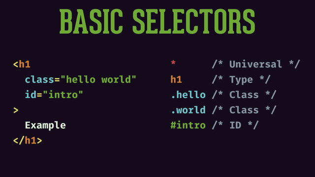 BASIC SELECTORS
<h1 class="hello world">
Example
</h1>
* /* Universal */
h1 /* Type */
.hello /* Class */
.world /* Class */
#intro /* ID */

