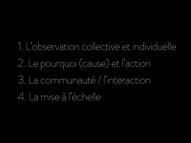 1. L’observation collective et individuelle
2. Le pourquoi (cause) et l’action
3. La communauté / l’interaction
4. La mise à l’échelle
p. 60
