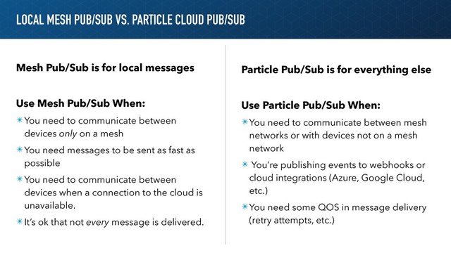 LOCAL MESH PUB/SUB VS. PARTICLE CLOUD PUB/SUB
Mesh Pub/Sub is for local messages
Use Mesh Pub/Sub When:
✴You need to communicate between
devices only on a mesh
✴You need messages to be sent as fast as
possible
✴You need to communicate between
devices when a connection to the cloud is
unavailable.
✴It’s ok that not every message is delivered.
Particle Pub/Sub is for everything else
Use Particle Pub/Sub When:
✴You need to communicate between mesh
networks or with devices not on a mesh
network
✴ You’re publishing events to webhooks or
cloud integrations (Azure, Google Cloud,
etc.)
✴You need some QOS in message delivery
(retry attempts, etc.)

