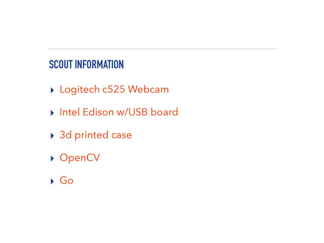 SCOUT INFORMATION
▸ Logitech c525 Webcam
▸ Intel Edison w/USB board
▸ 3d printed case
▸ OpenCV
▸ Go
