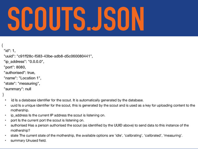 SCOUTS.JSON
{

"id": 1,

"uuid": "c91ﬀ28c-f583-43be-adb8-d5c060080441",

"ip_address": "0.0.0.0",

"port": 8080,

"authorised": true,

"name": "Location 1",

"state": "measuring",

"summary": null

}

• id Is a database identiﬁer for the scout. It is automatically generated by the database.

• uuid Is a unique identiﬁer for the scout, this is generated by the scout and is used as a key for uploading content to the
mothership.

• ip_address Is the current IP address the scout is listening on.

• port Is the current port the scout is listening on.

• authorised Has a person authorised the scout (as identiﬁed by the UUID above) to send data to this instance of the
mothership?

• state The current state of the mothership, the available options are 'idle', 'calibrating', 'calibrated', 'measuring'.

• summary Unused ﬁeld.
