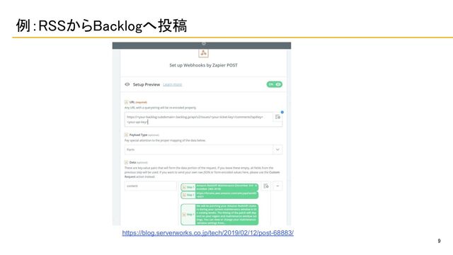 9 
例：RSSからBacklogへ投稿 
https://blog.serverworks.co.jp/tech/2019/02/12/post-68883/
