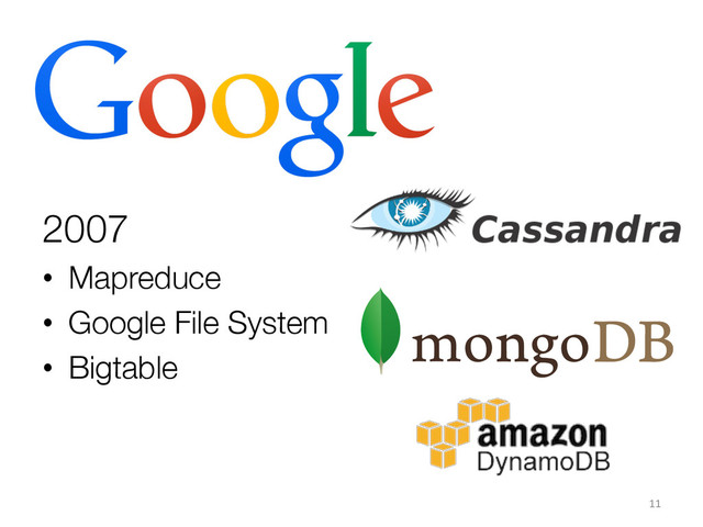 2007
•  Mapreduce
•  Google File System
•  Bigtable
11	  
