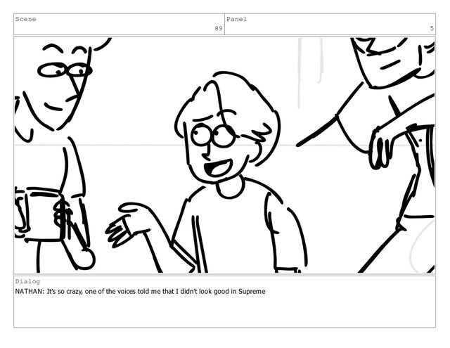Scene
89
Panel
5
Dialog
NATHAN: It's so crazy, one of the voices told me that I didn't look good in Supreme
