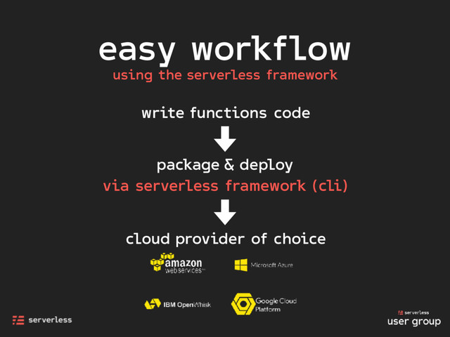 easy workflow
using the serverless framework
write functions code
package & deploy
cloud provider of choice
via serverless framework (cli)
