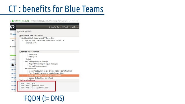CT : benefits for Blue Teams
FQDN (!= DNS)

