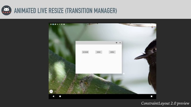ConstraintLayout 2.0 preview
ANIMATED LIVE RESIZE (TRANSITION MANAGER)
