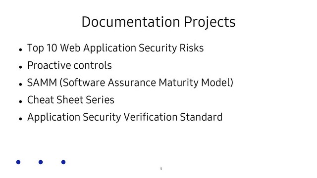 SOSCON Russia 2021
Documentation Projects

Top 10 Web Application Security Risks

Proactive controls

SAMM (Software Assurance Maturity Model)

Cheat Sheet Series

Application Security Verification Standard
5
