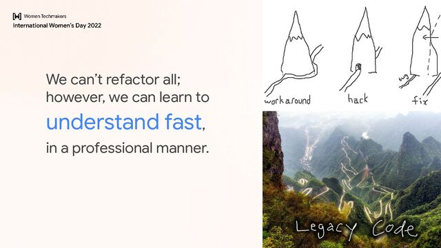 We can’t refactor all;
however, we can learn to
understand fast,
in a professional manner.
