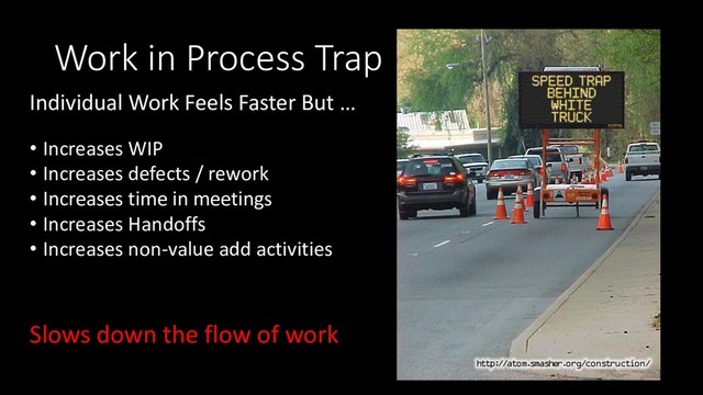 Individual Work Feels Faster But …
• Increases WIP
• Increases defects / rework
• Increases time in meetings
• Increases Handoffs
• Increases non-value add activities
Slows down the flow of work
Work in Process Trap
