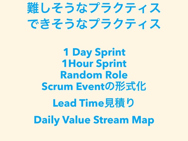 ೉ͦ͠͏ͳϓϥΫςΟε
Ͱ͖ͦ͏ͳϓϥΫςΟε
 
1 Day Sprint 
1Hour Sprint
Random Role
Scrum EventͷܗࣜԽ
Lead TimeݟੵΓ
Daily Value Stream Map
