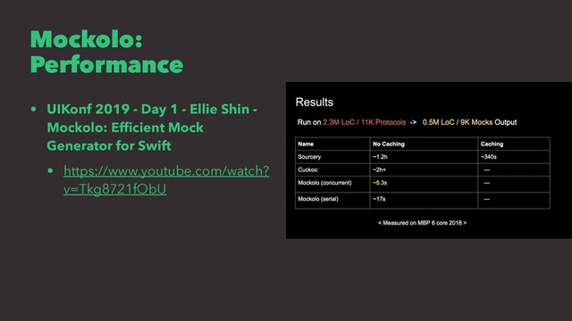 Mockolo:
Performance
• UIKonf 2019 - Day 1 - Ellie Shin -
Mockolo: Efﬁcient Mock
Generator for Swift
• https://www.youtube.com/watch?
v=Tkg8721fObU
