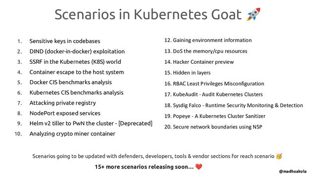 12. Gaining environment information
13. DoS the memory/cpu resources
14. Hacker Container preview
15. Hidden in layers
16. RBAC Least Privileges Misconfiguration
17. KubeAudit - Audit Kubernetes Clusters
18. Sysdig Falco - Runtime Security Monitoring & Detection
19. Popeye - A Kubernetes Cluster Sanitizer
20. Secure network boundaries using NSP
1. Sensitive keys in codebases
2. DIND (docker-in-docker) exploitation
3. SSRF in the Kubernetes (K8S) world
4. Container escape to the host system
5. Docker CIS benchmarks analysis
6. Kubernetes CIS benchmarks analysis
7. Attacking private registry
8. NodePort exposed services
9. Helm v2 tiller to PwN the cluster - [Deprecated]
10. Analyzing crypto miner container
Scenarios in Kubernetes Goat 🚀
15+ more scenarios releasing soon… ❤
Scenarios going to be updated with defenders, developers, tools & vendor sections for reach scenario 🥳
@madhuakula
