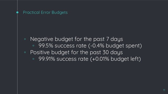 Practical Error Budgets
11
◦ Negative budget for the past 7 days
▫ 99.5% success rate (-0.4% budget spent)
◦ Positive budget for the past 30 days
▫ 99.91% success rate (+0.01% budget left)
