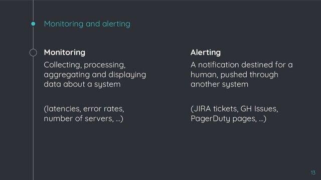 Monitoring and alerting
Monitoring
Collecting, processing,
aggregating and displaying
data about a system
(latencies, error rates,
number of servers, …)
Alerting
A notiﬁcation destined for a
human, pushed through
another system
(JIRA tickets, GH Issues,
PagerDuty pages, …)
13
