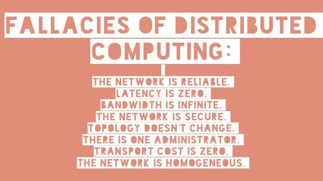 Fallacies of distributed
computing:
The network is reliable.
Latency is zero.
Bandwidth is infinite.
The network is secure.
Topology doesn't change.
There is one administrator.
Transport cost is zero.
The network is homogeneous.
