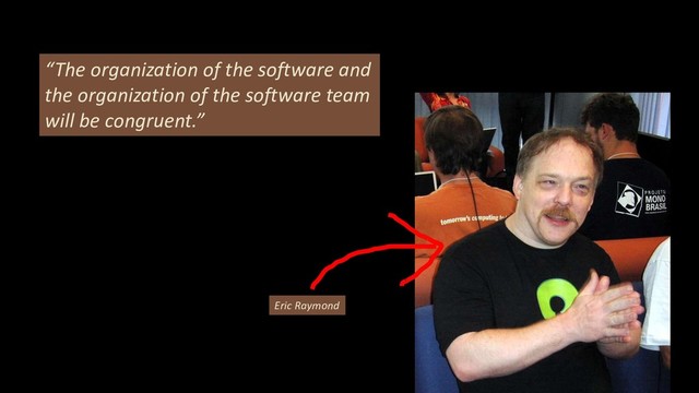 “The organization of the software and
the organization of the software team
will be congruent.”
Eric Raymond
