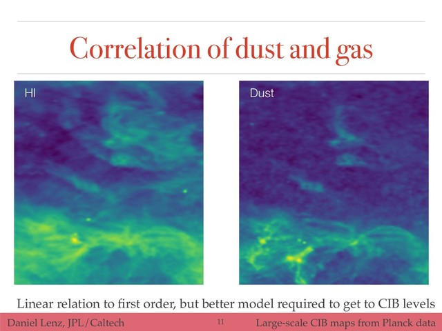 Daniel Lenz, JPL/Caltech Large-scale CIB maps from Planck data
Correlation of dust and gas
HI Dust
Linear relation to ﬁrst order, but better model required to get to CIB levels
!11
