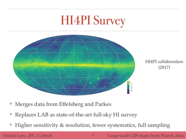 Daniel Lenz, JPL/Caltech Large-scale CIB maps from Planck data
HI4PI Survey
❖ Merges data from Effelsberg and Parkes
❖ Replaces LAB as state-of-the-art full-sky HI survey
❖ Higher sensitivity & resolution, fewer systematics, full sampling
20
21
22
log(NHI
[cm 2])
180
135 90
45
0
315
270
225 180
60
30
0
30
60
HI4PI collaboration 
(2017)
!13
