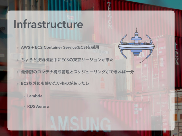 Infrastructure
‣ AWS + EC2 Container Service(ECS)Λ࠾༻
‣ ͪΐ͏Ͳٕज़ݕূதʹECSͷ౦ژϦʔδϣϯ͕དྷͨ
‣ ࠷௿ݶͷίϯςφߏ੒؅ཧͱεέδϡʔϦϯά͕Ͱ͖Ε͹े෼
‣ ECSҎ֎ʹ΋࢖͍͍ͨ΋ͷ͕͋ͬͨ͠
‣ Lambda
‣ RDS Aurora
