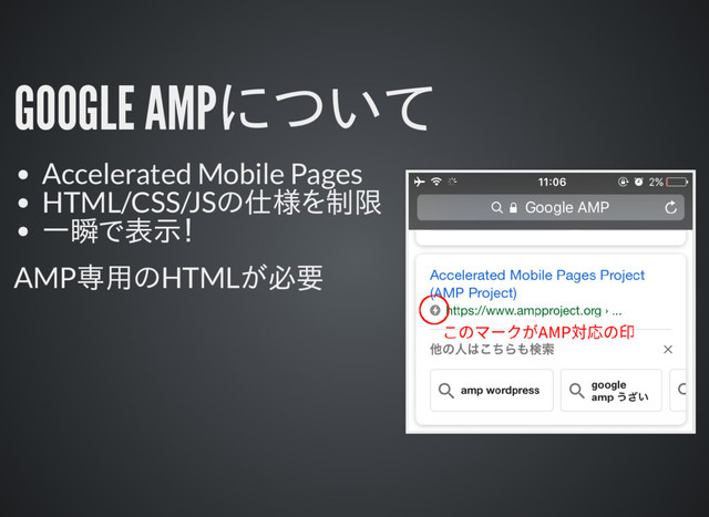 GOOGLE AMPについて
Accelerated Mobile Pages
HTML/CSS/JSの仕様を制限
一瞬で表示！
AMP専用のHTMLが必要
