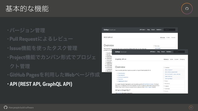 How people build software
!
!
11
جຊతͳػೳ
• όʔδϣϯ؅ཧ
• Pull RequestʹΑΔϨϏϡʔ
• IssueػೳΛ࢖ͬͨλεΫ؅ཧ
• ProjectػೳͰΧϯόϯܗࣜͰϓϩδΣ
Ϋτ؅ཧ
• GitHub PagesΛར༻ͨ͠Webϖʔδ࡞੒
• API (REST API, GraphQL API)
