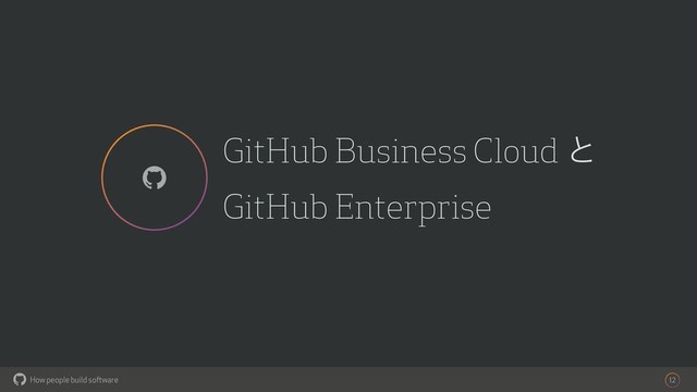 How people build software
!
GitHub Business Cloud ͱ
GitHub Enterprise
12
!
