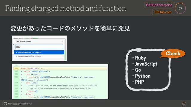 How people build software
!
!
33
Finding changed method and function
GitHub.com
GitHub Enterprise
มߋ͕͋ͬͨίʔυͷϝιουΛ؆୯ʹൃݟ
• Ruby
• JavaScript
• Go
• Python
• PHP
Check
